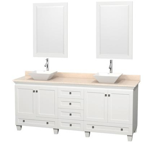 Acclaim 80 In. Double Vanity in White with Top in Ivory with White Sinks and Mirrors