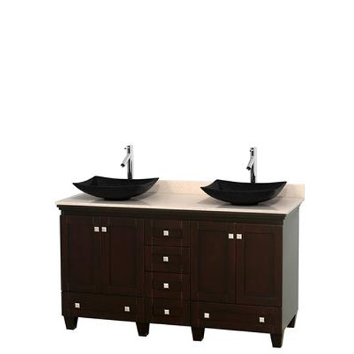 Acclaim 60 In. Double Vanity in Espresso with Top in Ivory with Black Sinks and No Mirrors