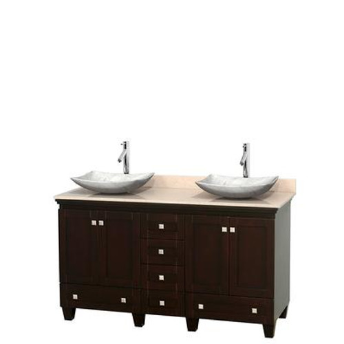 Acclaim 60 In. Double Vanity in Espresso with Top in Ivory with White Carrara Sinks and No Mirrors