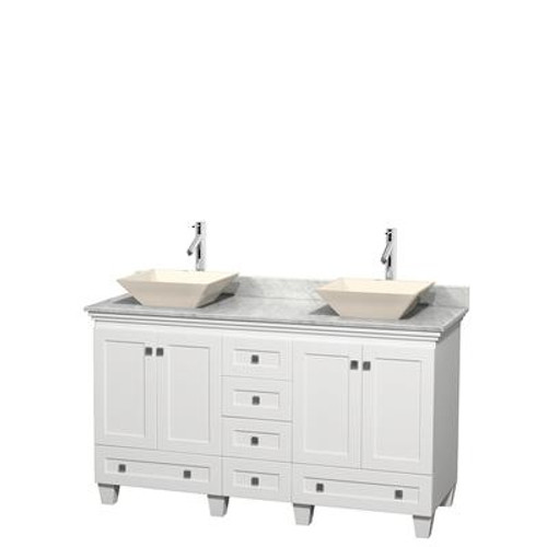 Acclaim 60 In. Double Vanity in White with Top in Carrara White with Bone Sinks and No Mirrors