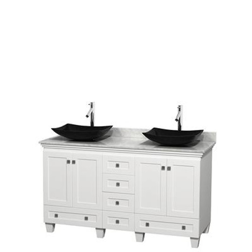 Acclaim 60 In. Double Vanity in White with Top in Carrara White with Black Sinks and No Mirrors