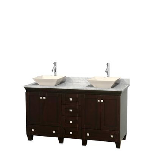 Acclaim 60 In. Double Vanity in Espresso with Top in Carrara White with Bone Sinks and No Mirrors