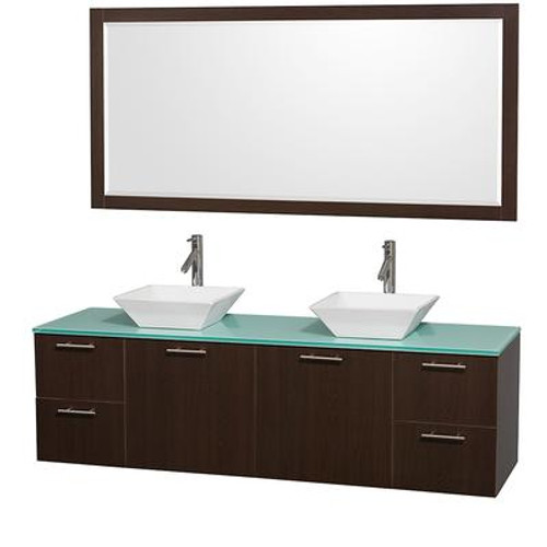 Amare 72 In. Double Vanity in Espresso with Glass Vanity Top in Aqua and Porcelain Sinks