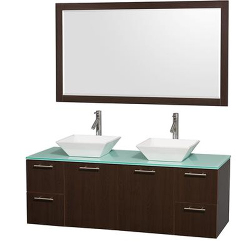 Amare 60 In. Double Vanity in Espresso with Glass Vanity Top in Aqua and Porcelain Sinks