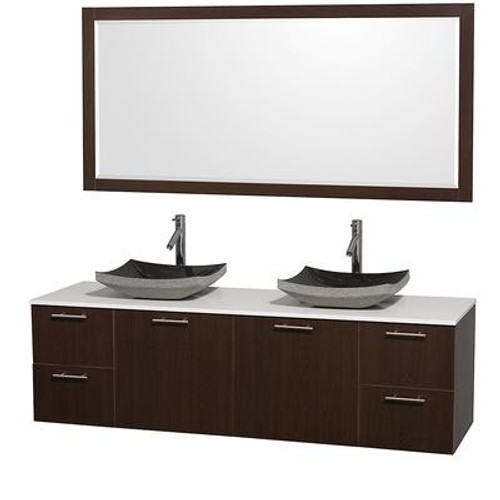 Amare 72 In. Double Vanity in Espresso with Man Made Stone Vanity Top in White and Granite Sinks