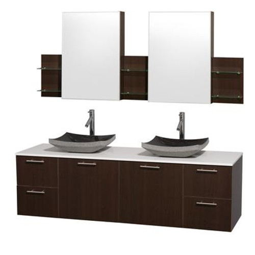 Amare 72 In. Double Vanity in Espresso with Man-Made Stone Top in White and Black Granite Sinks