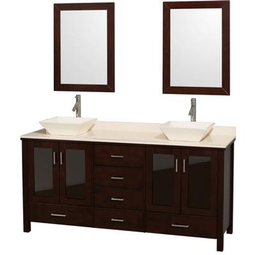 Lucy 72 In. Vanity in Espresso with Marble Vanity Top in Ivory with Bone Porcelain Sinks and Mirrors