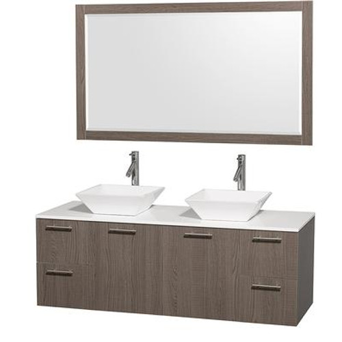 Amare 60 In. Double Vanity in Grey Oak with Man Made Stone Vanity Top in White and Porcelain Sinks