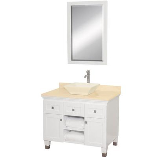 Premiere 36 In. Vanity in White with Marble Vanity Top in Ivory with Bone Porcelain Sink and Mirror