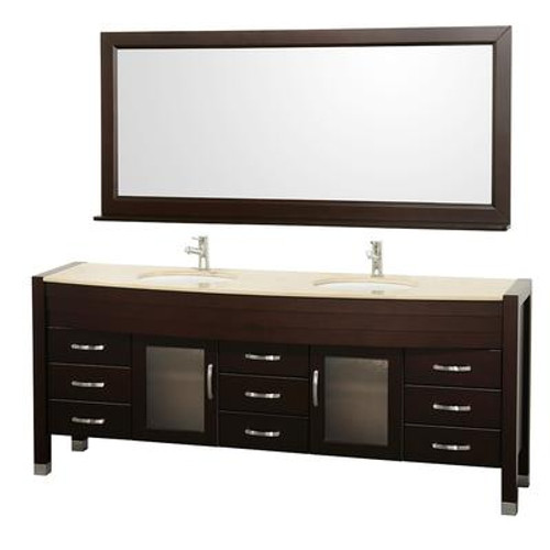 Daytona 78 In. Vanity in Espresso with Double Basin Marble Vanity Top in Ivory and Mirror