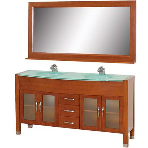 Daytona 63 In. Vanity in Cherry with Double Basin Glass Vanity Top in Aqua and Mirror