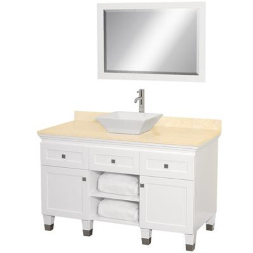 Premiere 48 In. Vanity in White with Marble Vanity Top in Ivory with White Porcelain Sink and Mirror