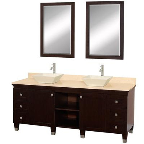 Premiere 72 In. Vanity in Espresso with Marble Top in Ivory with Bone Porcelain Sinks and Mirrors