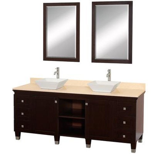 Premiere 72 In. Vanity in Espresso with Marble Top in Ivory with White Porcelain Sinks and Mirrors