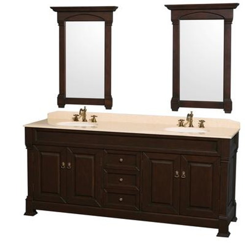 Andover 80 In. Vanity in Dark Cherry with Marble Vanity Top in Ivory with Sinks and Mirrors