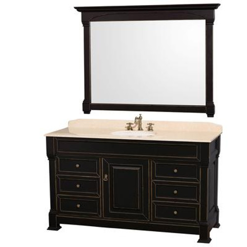 Andover 60 In. Single Vanity in Black with Marble Vanity Top in Ivory with Porcelain Sink and Mirror