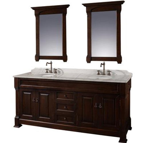 Andover 72 In. Vanity in Dark Cherry with Double Basin Marble Top in Carrera White and Mirrors