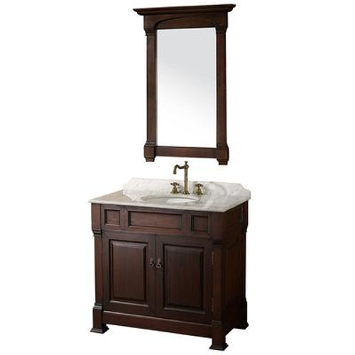 Andover 36 In. Vanity in Dark Cherry with Marble Vanity Top in Carrera White and Mirror