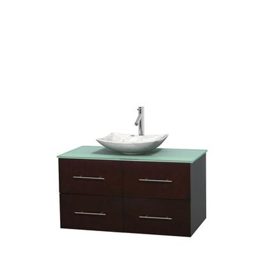 Centra 42 In. Single Vanity in Espresso with Green Glass Top with White Carrera Sink and No Mirror