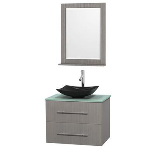 Centra 30 In. Single Vanity in Gray Oak with Green Glass Top with Black Granite Sink and 24 In. Mirror