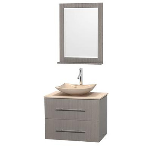 Centra 30 In. Single Vanity in Gray Oak with Ivory Marble Top with Ivory Sink and 24 In. Mirror
