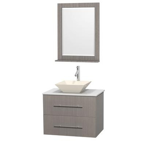 Centra 30 In. Single Vanity in Gray Oak with Solid SurfaceTop with Bone Porcelain Sink and 24 In. Mirror