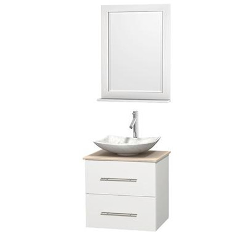 Centra 24 In. Single Vanity in White with Ivory Marble Top with White Carrera Sink and 24 In. Mirror