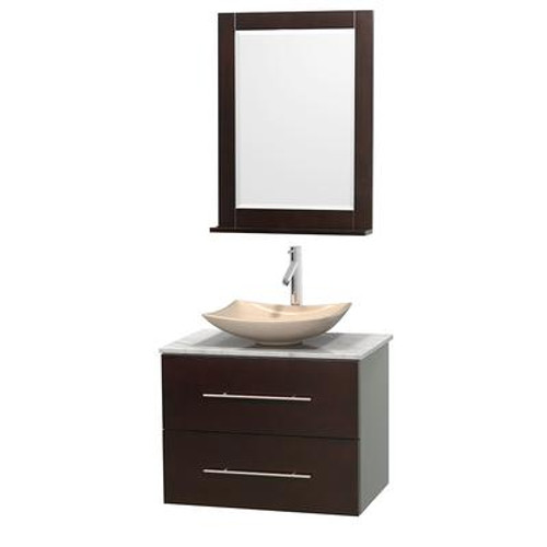 Centra 30 In. Single Vanity in Espresso with White Carrera Top with Ivory Sink and 24 In. Mirror