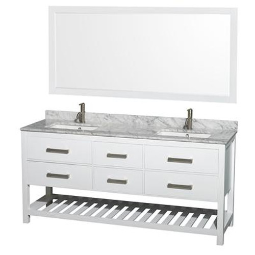 Natalie 72 In. Double Vanity in White with White Carrera Top with Square sinks and 70 In. Mirror