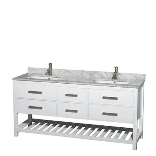 Natalie 72 In. Double Vanity in White with White Carrera Top with Square sinks and No Mirror