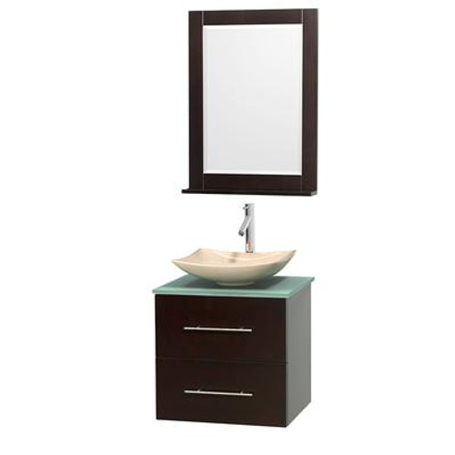 Centra 24 In. Single Vanity in Espresso with Green Glass Top with Ivory Sink and 24 In. Mirror