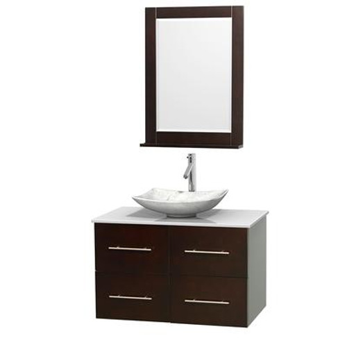 Centra 36 In. Single Vanity in Espresso with Solid SurfaceTop with White Carrera Sink and 24 In. Mirror
