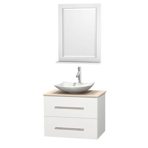 Centra 30 In. Single Vanity in White with Ivory Marble Top with White Carrera Sink and 24 In. Mirror