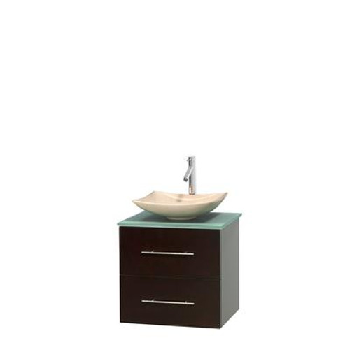Centra 24 In. Single Vanity in Espresso with Green Glass Top with Ivory Sink and No Mirror
