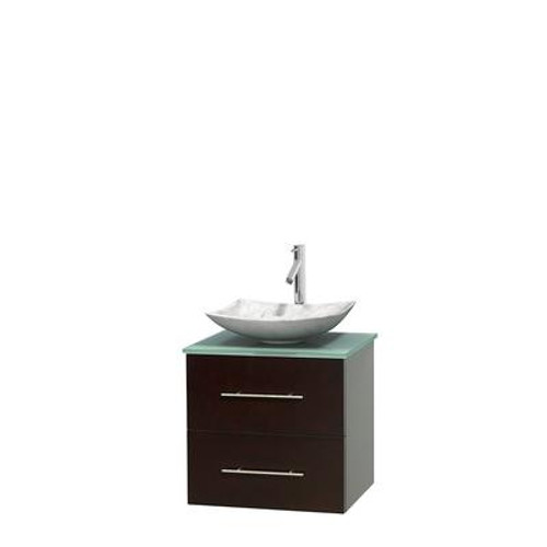Centra 24 In. Single Vanity in Espresso with Green Glass Top with White Carrera Sink and No Mirror