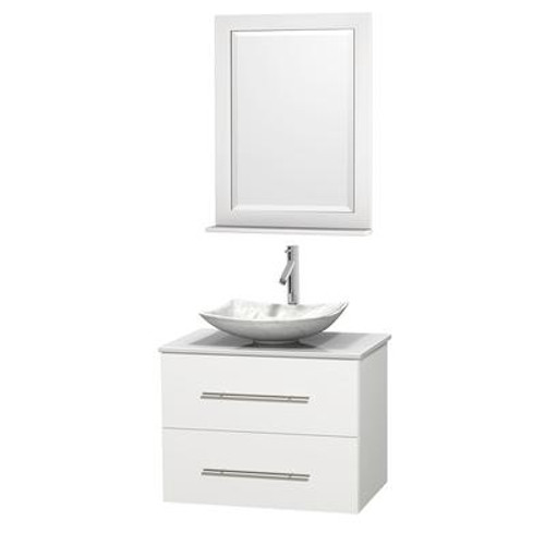 Centra 30 In. Single Vanity in White with Solid SurfaceTop with White Carrera Sink and 24 In. Mirror