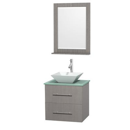 Centra 24 In. Single Vanity in Gray Oak with Green Glass Top with White Porcelain Sink and 24 In. Mirror