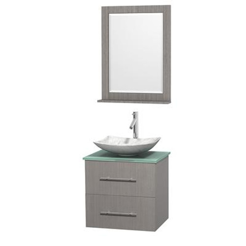 Centra 24 In. Single Vanity in Gray Oak with Green Glass Top with White Carrera Sink and 24 In. Mirror