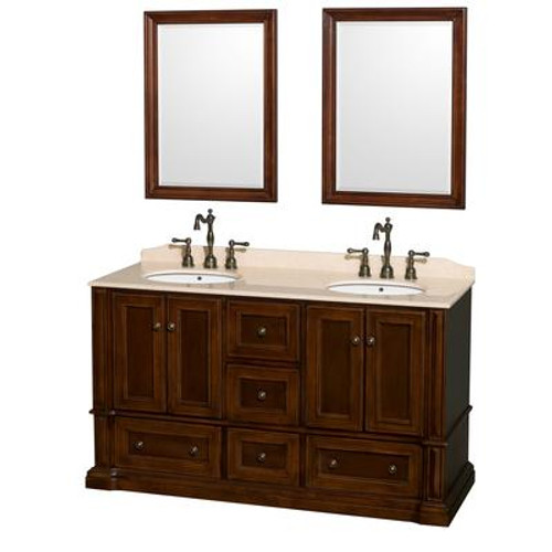 Rochester 60 In. Double Vanity in Cherry with Ivory Marble Top with Oval Sinks and 24 In. Mirrors