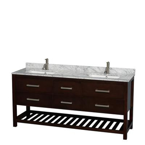 Natalie 72 In. Double Vanity in Espresso with White Carrera Top with Square sinks and No Mirror