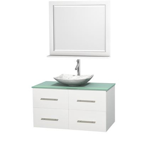 Centra 42 In. Single Vanity in White with Green Glass Top with White Carrera Sink and 36 In. Mirror