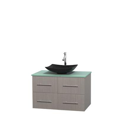 Centra 36 In. Single Vanity in Gray Oak with Green Glass Top with Black Granite Sink and No Mirror