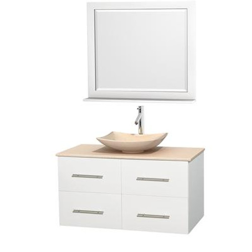 Centra 42 In. Single Vanity in White with Ivory Marble Top with Ivory Sink and 36 In. Mirror