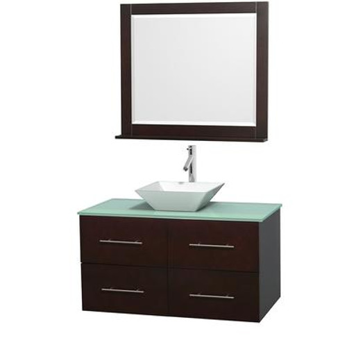 Centra 42 In. Single Vanity in Espresso with Green Glass Top with White Porcelain Sink and 36 In. Mirror