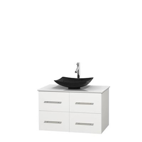 Centra 36 In. Single Vanity in White with Solid SurfaceTop with Black Granite Sink and No Mirror