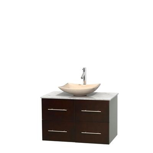 Centra 36 In. Single Vanity in Espresso with White Carrera Top with Ivory Sink and No Mirror