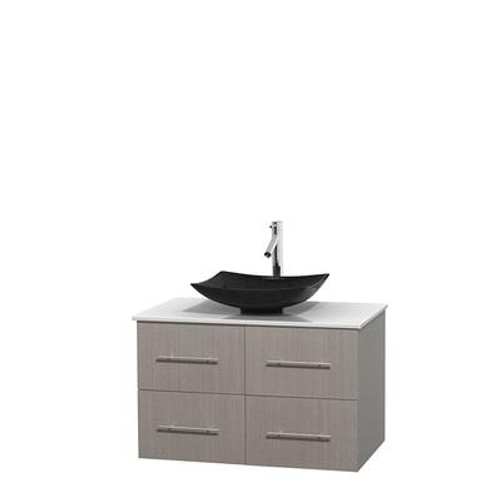 Centra 36 In. Single Vanity in Gray Oak with Solid SurfaceTop with Black Granite Sink and No Mirror