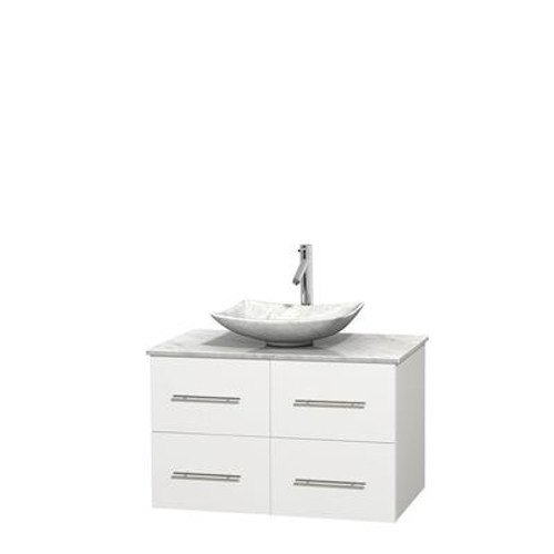 Centra 36 In. Single Vanity in White with White Carrera Top with White Carrera Sink and No Mirror
