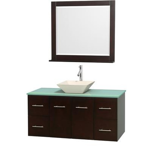 Centra 48 In. Single Vanity in Espresso with Green Glass Top with Bone Porcelain Sink and 36 In. Mirror