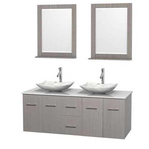 Centra 60 In. Double Vanity in Gray Oak with Solid SurfaceTop with White Carrera Sinks and 24 In. Mirrors